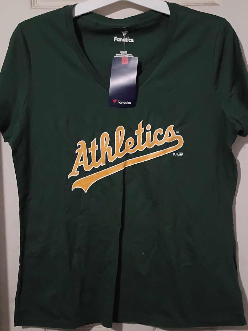 Fanatics Women’s Green V-Neck Tee with Gold Athletics Script